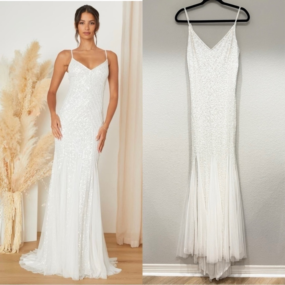 NWOT Lulus Adoring Devotion White Mesh Beaded Sequin‎ Mermaid Maxi Dress